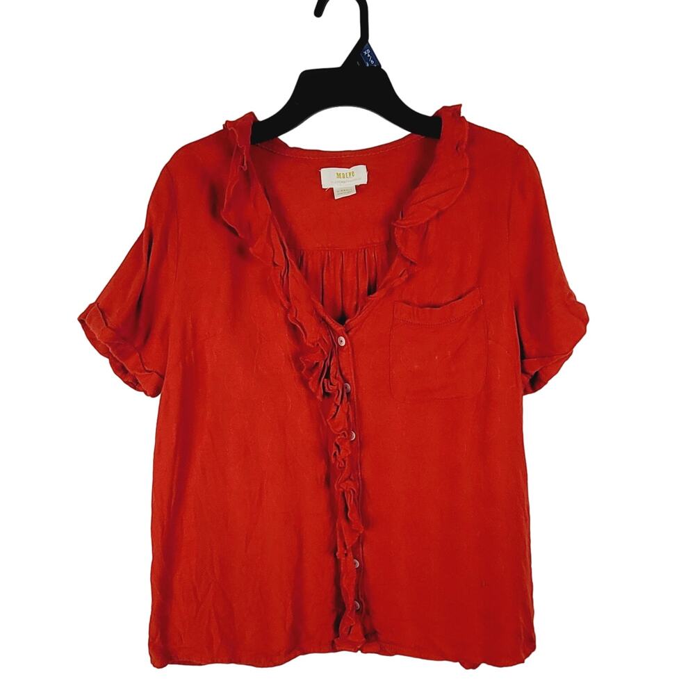 Maeve by Anthropologie red ruffled button front swiss dot short sleeved blouse